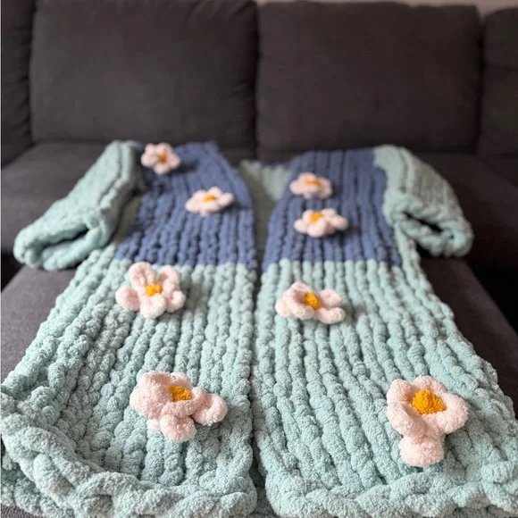 Floral Knit Cardigan - Blue and Green